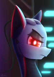 Size: 2266x3206 | Tagged: safe, artist:harukiicat, oc, oc only, oc:xr-47 primax, pony, robot, robot pony, antenna, bust, colored belly, dark belly, digital art, futuristic, gift art, glowing, glowing eyes, high res, looking at you, portrait, red eyes, reverse countershading, serious, serious face, simple background, solo