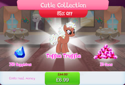 Size: 1264x857 | Tagged: safe, gameloft, idw, toffee truffle, earth pony, pony, g4, brown coat, brown fur, bundle, costs real money, cutie collection, english, female, gem, idw showified, mare, numbers, sale, solo, table, tail, text, white mane, white tail