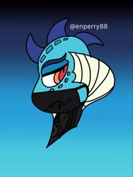 Size: 1537x2049 | Tagged: safe, artist:enperry88, princess ember, dragon, series:kensatober, series:mlp x toni kensa, g4, black background, blue background, clothes, collaboration, crossover, dragoness, dragons wearing clothes, face shield, female, gradient background, jacket, kensatober, light blue background, looking at you, navy background, nylon, simple background, solo, splatoon, splatoon 3, takoroka, takoroka x toni kensa, toni kensa, windcrusher jacket, zipper