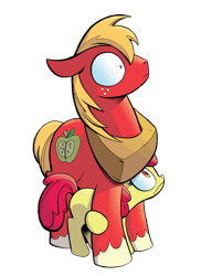 Size: 800x1100 | Tagged: safe, editor:fuckomcfuck, idw, apple bloom, big macintosh, earth pony, pony, g4, comic, duo, female, filly, foal, hiding behind, male, reaction image, scared, siblings, simple background, stallion, transparent background