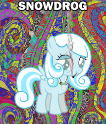 Size: 600x700 | Tagged: safe, artist:mlpfbismagic, oc, oc only, oc:snowdrop, pegasus, pony, abstract background, blind, bloodshot eyes, caption, deep fried meme, drugs, female, filly, foal, joint, mare, marijuana, meme, pun, smoking, solo, spanish, text, translated in the description
