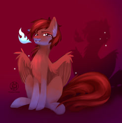Size: 908x920 | Tagged: safe, artist:redi, oc, oc only, pegasus, pony, fangs, fire, fire breath, looking at you, shadow, sitting, solo