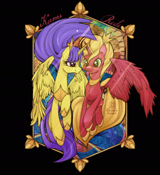 Size: 1920x2102 | Tagged: safe, artist:redi, oc, oc only, oc:redi, alicorn, pony, :p, alicorn oc, armor, black background, breastplate, crown, duo, female, flying, freckles, hoof shoes, horn, jewelry, lesbian, mare, oc x oc, regalia, shipping, simple background, tongue out, wings