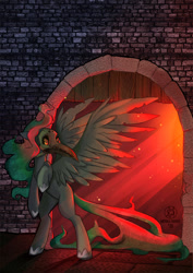 Size: 827x1169 | Tagged: safe, artist:redi, oc, oc only, pegasus, pony, brick wall, door, floppy ears, hoof shoes, light, looking back, plague doctor mask, rearing, solo