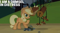 Size: 1920x1080 | Tagged: safe, edit, edited screencap, editor:quoterific, screencap, applejack, earth pony, pony, g4, season 3, spike at your service, applejack's hat, bad acting, cowboy hat, damsel in distress, female, freckles, grin, hat, mare, puppet, raised hoof, raised leg, rock, smiling