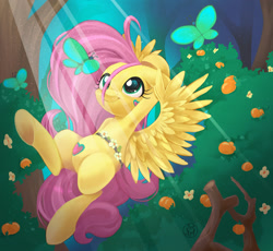 Size: 1920x1765 | Tagged: safe, artist:redi, fluttershy, butterfly, pegasus, pony, g4, bush, crepuscular rays, female, floppy ears, flower, flying, forest, mare, smiling, solo, spread wings, waistband, wings