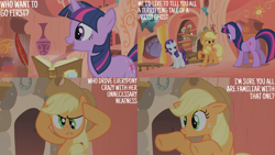 Size: 4400x2475 | Tagged: safe, edit, edited screencap, editor:quoterific, screencap, applejack, rarity, twilight sparkle, earth pony, pony, unicorn, g4, look before you sleep, season 1, applejack's hat, book, cowboy hat, cross-eyed, eyeshadow, female, freckles, frown, golden oaks library, gritted teeth, hat, magic, makeup, mare, open mouth, open smile, quill, rarity is not amused, smiling, spoopy, teeth, telekinesis, unamused, unicorn twilight