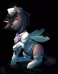 Size: 1617x2048 | Tagged: safe, artist:bambudess, oc, oc only, oc:rosie clockwork, changeling, pony, ascot, black background, changeling oc, clothes, crossdressing, femboy, glasses, hat, insect wings, male, raised hoof, simple background, sitting, socks, solo, spread wings, stockings, sweater, thigh highs, wings