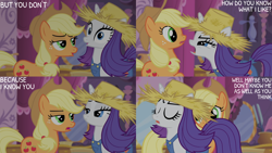 Size: 4400x2475 | Tagged: safe, edit, edited screencap, editor:quoterific, screencap, applejack, rarity, earth pony, pony, unicorn, g4, season 4, simple ways, applejack is not amused, applejack's hat, cowboy hat, duo, duo female, eyes closed, female, freckles, frown, hat, looking at each other, looking at someone, mare, nose wrinkle, open mouth, rarihick, rarity is not amused, straw hat, unamused
