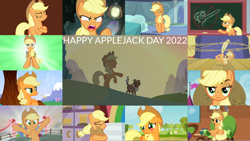 Size: 1974x1112 | Tagged: safe, edit, edited screencap, editor:quoterific, screencap, applejack, winona, dog, earth pony, pony, applebuck season, applejack's "day" off, boast busters, dragon dropped, fluttershy leans in, g4, hearthbreakers, lesson zero, magic duel, school daze, season 1, season 2, season 3, season 4, season 5, season 6, season 7, season 8, season 9, tanks for the memories, the last roundup, trade ya!, triple pony dare ya, applejack's hat, bipedal, cowboy hat, female, gear, gears, goggles, hat, lasso, mare, rope, safety goggles