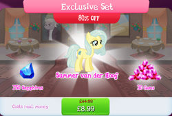 Size: 1267x856 | Tagged: safe, gameloft, idw, summer van der hoof, zesty gourmand, earth pony, pony, g4, blue mane, blue tail, bundle, costs real money, english, exclusive set, female, gem, idw showified, mare, numbers, sale, sapphire, solo, table, tail, text, yellow coat, yellow fur