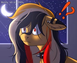 Size: 3728x3068 | Tagged: safe, artist:lightning bolty, oc, oc:lightning bolty, pegasus, pony, backlighting, choker, collar, colored, crescent moon, cute, ear fluff, ear piercing, earring, exclamation point, floppy ears, frown, high res, indoors, jewelry, lighting, long mane, long mane male, looking forward, male, messy mane, moon, moonlight, night, pegasus oc, piercing, question mark, red eyes, shading, signature, solo, spiked choker, spiked collar, stallion, starry night, stars, striped mane, surprised, surprised face, window, yellow, yellow coat