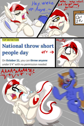 Size: 2000x3000 | Tagged: safe, artist:aryn, oc, oc:awya lightfeather, oc:axtus, pegasus, pony, unicorn, bipedal, chest fluff, crying, drool, female, grin, high res, male, mare, meme, national throw short people day, running, screaming, sleeping, smiling, stallion, waking up