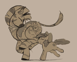 Size: 1280x1036 | Tagged: safe, artist:roadkill-raccoons, apple bloom, zecora, earth pony, pony, zebra, g4, eyes closed, female, filly, foal, mare, monochrome, smiling