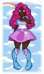 Size: 1200x2000 | Tagged: safe, artist:pompomamy, pinkie pie, human, g4, boots, bracelet, clothes, cloud, cute, dark skin, diapinkes, female, heart, heart eyes, humanized, jewelry, lipstick, makeup, rainbow, shirt, shoes, skirt, sky, solo, thigh boots, vest, wingding eyes