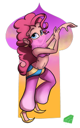 Size: 1210x1944 | Tagged: safe, artist:emeraldsphynx, pinkie pie, human, g4, belly button, belly dancer, belly dancer outfit, female, humanized, midriff, partial background, simple background, singing, singing belly dancing rainbooms, solo, transparent background, veil