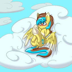 Size: 3000x3000 | Tagged: safe, artist:aryn, oc, oc only, oc:okopod, pegasus, pony, art trade, blushing, butt, cloud, complex background, crossed hooves, cute, dock, high res, hooves to the chest, lying down, lying on a cloud, male, on a cloud, on back, plot, sky, solo, tail