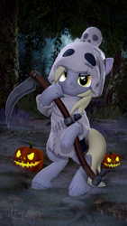 Size: 2160x3840 | Tagged: safe, artist:owlpirate, derpy hooves, pegasus, pony, g4, 3d, 4k, bipedal, clothes, costume, female, grim reaper, halloween, halloween costume, high res, holiday, hoof hold, jack-o-lantern, looking at you, mare, pumpkin, scythe, smiling, smiling at you, solo, source filmmaker, unshorn fetlocks