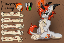 Size: 3000x2000 | Tagged: safe, artist:aryn, oc, oc:exuro firesong, dracony, dragon, hybrid, claws, fire, high res, horn, leonine tail, multiple horns, reference sheet, scales, slit pupils, smiling, solo, tail