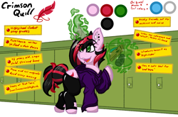 Size: 2052x1352 | Tagged: safe, artist:aryn, oc, oc:crimson quill, pony, unicorn, clothes, hoodie, lockers, magic, reference sheet, school, smiling, solo, stockings, thigh highs