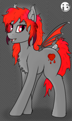 Size: 2106x3517 | Tagged: safe, artist:audio_bass, oc, oc:jersey marder, bat pony, pony, abstract background, bandage, bat wings, chest fluff, crossed legs, cutie mark, fangs, female, full body, gray background, high res, looking at you, red eyes, red mane, simple background, solo, standing, tail, wings