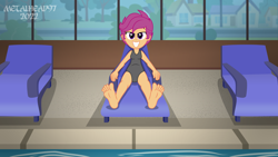 Size: 8000x4500 | Tagged: safe, artist:metalhead97, scootaloo, human, equestria girls, g4, my little pony equestria girls: better together, barefoot, chair, clothes, cute, cutealoo, feet, female, indoors, looking at you, one-piece swimsuit, reclining, show accurate, smiling, smiling at you, soles, solo, swimming pool, swimsuit