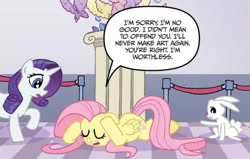 Size: 1095x697 | Tagged: safe, artist:tony fleecs, idw, angel bunny, fluttershy, rarity, pegasus, pony, rabbit, unicorn, g4, micro-series #4, my little pony micro-series, spoiler:comic, animal, dejected, dialogue, female, glasses, male, mare, open mouth, sad, trio