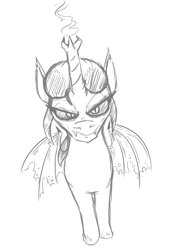 Size: 458x667 | Tagged: safe, artist:jargon scott, oc, oc only, alicorn, demon, demon pony, pony, bat wings, fangs, female, glare, grayscale, looking at you, mare, monochrome, simple background, solo, white background, wings