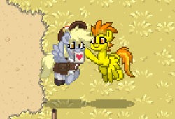 Size: 856x581 | Tagged: safe, derpy hooves, spitfire, pony, pony town, g4, boop, cute, cutefire, derpabetes, heart