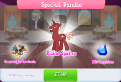 Size: 1270x856 | Tagged: safe, gameloft, idw, blade sparxx, zesty gourmand, pony, unicorn, g4, barricade, bundle, cart, costs real money, cupcake, english, food, horn, idw showified, male, numbers, pillow, red coat, red fur, sale, sapphire, short mane, short tail, solo, special bundle, stallion, stubble, tail, text, wheel, yellow mane, yellow tail