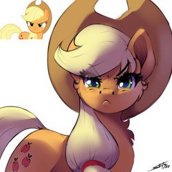 Size: 3000x3000 | Tagged: safe, artist:skitsroom, applejack, earth pony, pony, g4, no second prances, :<, >:<, angry, applejack's hat, cheek fluff, chest fluff, cowboy hat, cute, eye clipping through hair, female, frown, hat, high res, jackabetes, madorable, mare, reference, scene interpretation, signature, simple background, sketch, solo, white background