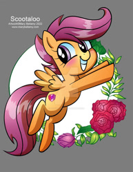 Size: 600x777 | Tagged: safe, artist:marybellamy, scootaloo, pegasus, pony, g4, abstract background, blushing, colored, cute, cutealoo, deviantart watermark, female, filly, flower, foal, gray background, obtrusive watermark, pose, simple background, smiling, solo, spread wings, teeth, the cmc's cutie marks, watermark, wings
