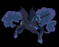 Size: 1477x1198 | Tagged: safe, artist:fluttershyes, nightmare moon, alicorn, pony, g4, black background, ethereal mane, ethereal tail, female, jewelry, mare, regalia, simple background, solo, tail