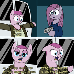 Size: 2500x2500 | Tagged: safe, artist:legendoflink, pinkie pie, earth pony, pony, g4, 4 panel comic, alternate hairstyle, comic, dialogue, duo, female, fight club, fur coat, gun, high res, mare, movie reference, nitroglycerin, pinkamena diane pie, pinktober, scene interpretation, self paradox, self ponidox, shaved mane, simple background, subtitles, van, weapon