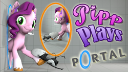 Size: 1920x1080 | Tagged: safe, artist:pika-robo, pipp petals, pegasus, pony, series:pipp plays, g4, g5, 3d, fake thumbnail, female, g5 to g4, gamer pipp, gaming headset, generation leap, headset, hoof hold, let's play, looking at you, mare, portal, portal (valve), portal gun, portals, smiling, smiling at you, source filmmaker, video game, wings, youtube thumbnail