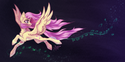 Size: 2000x1000 | Tagged: safe, artist:jsunlight, fluttershy, pegasus, pony, g4, chest fluff, ear fluff, flying, leg fluff, long mane, long tail, looking back, raised hoof, slender, solo, spread wings, tail, thin, wallpaper, windswept mane, windswept tail, wing fluff, wings