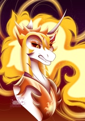 Size: 2400x3400 | Tagged: safe, artist:demonic_mako, daybreaker, alicorn, pony, g4, angry, black background, bust, colored pupils, curved horn, digital art, ethereal mane, fangs, female, fire, flowing mane, gem, helmet, high res, horn, jewelry, lidded eyes, logo, mane of fire, mare, peytral, portrait, scowl, signature, simple background, solo, sparkles, starry mane, stars, teeth, yellow eyes
