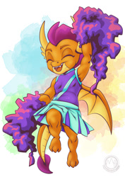 Size: 955x1351 | Tagged: safe, artist:mysticalpha, smolder, dragon, g4, cheerleader, cheerleader outfit, cheerleader smolder, clothes, cute, dragoness, eyes closed, female, happy, open mouth, open smile, pom pom, smiling, smolderbetes, solo
