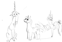 Size: 2502x1714 | Tagged: safe, artist:alumx, princess cadance, princess flurry heart, queen chrysalis, shining armor, alicorn, changeling, changeling queen, pony, unicorn, g4, baby, baby pony, black and white, female, filly, foal, grayscale, height difference, male, mare, monochrome, simple background, sitting, sketch, smiling, stallion, tail, tail wag, white background
