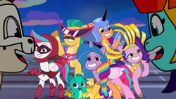 Size: 4096x2302 | Tagged: safe, screencap, hitch trailblazer, izzy moonbow, jazz hooves, nightmare moon, pipp petals, rocky riff, sparky sparkeroni, sunny starscout, zipp storm, dragon, earth pony, pegasus, pony, unicorn, g5, haunted house (episode), my little pony: tell your tale, spoiler:g5, spoiler:my little pony: tell your tale, spoiler:tyts01e31, amalgamation, amalgamizzy, baby, baby dragon, cosplay, costume, female, grin, high res, male, mane five, mane stripe sunny, mare, night, nightmare moon armor, nightmare night costume, nightmare sunny, one eye closed, open mouth, open smile, smiling, stallion, sunglasses, upscaled, wink, youtube link