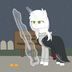 Size: 2000x2000 | Tagged: artist needed, source needed, safe, oc, oc only, oc:κασσάνδρα, alicorn, pony, candy, food, high res, magic, sign, solo, sword, telekinesis, weapon