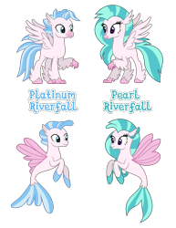Size: 3637x4713 | Tagged: source needed, safe, anonymous artist, oc, oc only, oc:pearl riverfall, oc:platinum riverfall, hippogriff, seapony (g4), absurd resolution, beak, brother, brother and sister, claws, closed mouth, eyelashes, eyes open, family, female, fins, hooves, implied incest, incest, looking at each other, looking at someone, male, name, nostrils, offspring, parent:silverstream, parent:terramar, parents:hippocest, parents:terrastream, product of incest, siblings, simple background, sister, spread wings, standing, text, transparent background, twins, wings