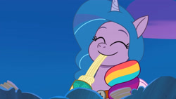 Size: 4096x2302 | Tagged: safe, screencap, izzy moonbow, pony, unicorn, g5, haunted house (episode), my little pony: tell your tale, spoiler:g5, spoiler:my little pony: tell your tale, spoiler:tyts01e31, amalgamation, amalgamizzy, costume, cute, eating, eyes closed, female, food, high res, izzybetes, mare, night, nightmare night costume, pasta, smiling, solo, spaghetti, upscaled, youtube link