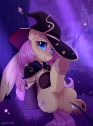 Size: 1522x2048 | Tagged: safe, artist:sonigiraldo, fluttershy, pegasus, pony, g4, butt, chest fluff, clothes, cosplay, costume, ear fluff, featureless crotch, forest background, genshin impact, halloween, halloween costume, hat, holiday, mona (genshin impact), plot, raised hoof, sitting, smiling, socks, solo, witch costume, witch hat