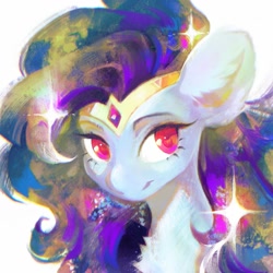 Size: 2000x2000 | Tagged: safe, artist:dearmary, oc, oc only, oc:nebula dusk, pony, blue coat, bust, chest fluff, circlet, commissioner:dusknebula, crystalline hair, ear fluff, female, high res, jewelry, looking sideways, mare, multicolored mane, painterly, portrait, red eyes, simple background, smiling, solo, white background