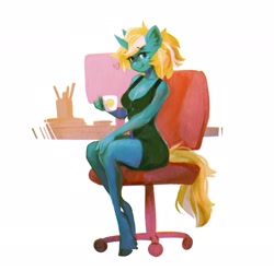 Size: 2048x2032 | Tagged: safe, artist:dearmary, oc, oc only, oc:maple parapet, unicorn, anthro, unguligrade anthro, breasts, chair, cleavage, cup, female, high res, horn, office chair, simple background, solo, white background