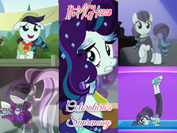 Size: 4096x3072 | Tagged: safe, edit, edited screencap, editor:itsmgh1203, screencap, coloratura, earth pony, human, pony, epic fails (equestria girls), eqg summertime shorts, equestria girls, g4, season 5, the mane attraction, clothes, countess coloratura, female, filly, filly coloratura, floppy ears, foal, mare, musical instrument, open mouth, open smile, pants, piano, shoes, singing, smiling, sneakers, solo, text, the magic inside, the spectacle, yoga, yoga pants