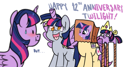 Size: 1269x687 | Tagged: safe, artist:paperbagpony, derpy hooves, twilight sparkle, oc, oc:paper bag, alicorn, earth pony, pegasus, pony, mlp fim's twelfth anniversary, g4, :d, :i, alicorn costume, blushing, clothes, costume, face on a bag, fake cutie mark, fake horn, fake wings, nightmare night costume, open mouth, open smile, simple background, smiling, squatpony, stilts, sweat, sweatdrop, toilet paper roll horn, twiggie, twilight muffins, twilight sparkle (alicorn), white background, wig