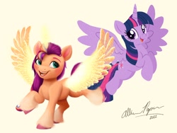 Size: 2048x1536 | Tagged: safe, artist:allisonpopick, sunny starscout, twilight sparkle, alicorn, pony, g4, g5, my little pony: a new generation, duo, race swap, simple background, spread wings, sunny and her heroine, sunnycorn, twilight sparkle (alicorn), wings