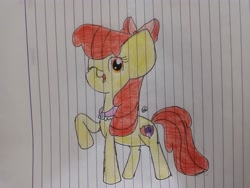 Size: 4000x3000 | Tagged: safe, artist:girlduog, apple bloom, earth pony, pony, g4, apple bloom's bow, bow, clothes, female, goldie delicious' shawl, hair bow, intermediate pad, lined paper, looking at you, mare, older, older apple bloom, open mouth, pose, raised hoof, shawl, smiling, smiling at you, solo, the cmc's cutie marks, traditional art